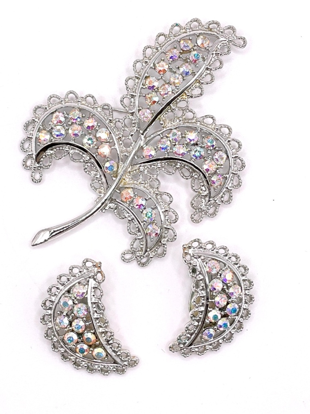 Vintage Emmons Silver Tone AB Rhinestone Brooch Clip Earrings Set
